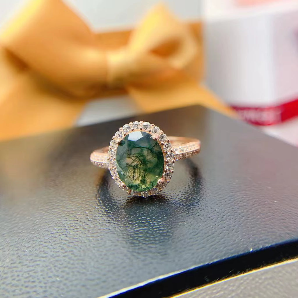 Natural Moss Agate Gemstone Ring 925 Sterling Silver 8x10mm