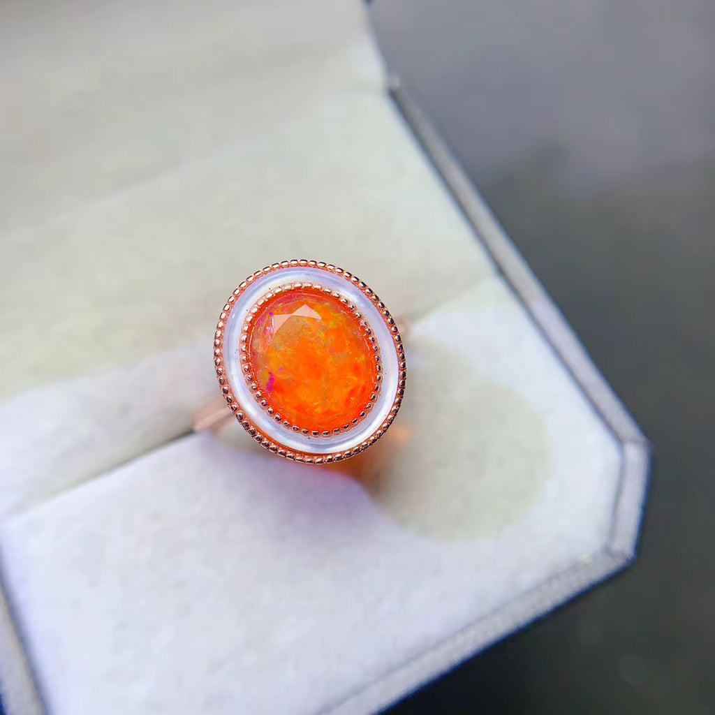 Natural Orange Fire Opal Gemstone Ring 925 Sterling Silver 8x10mm