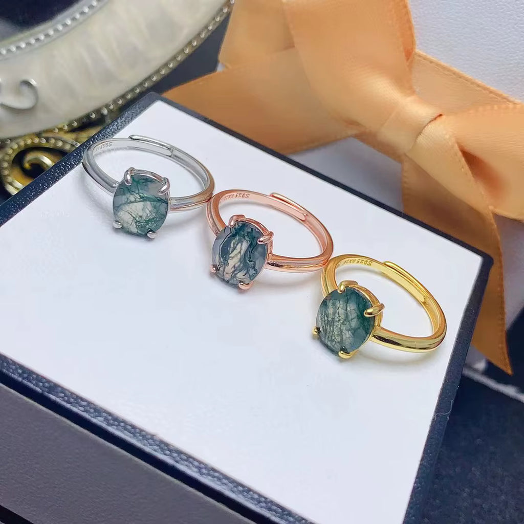 Natural Moss Agate Ring 8x10mm Oval Cut 925 Sterling Silver