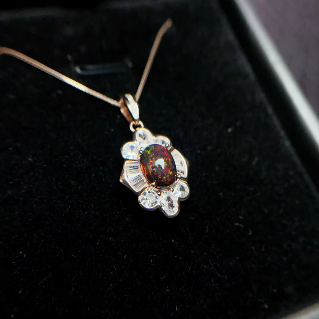 Colorful Black Opal Necklace, Natural Fire Opal Pendant Necklace