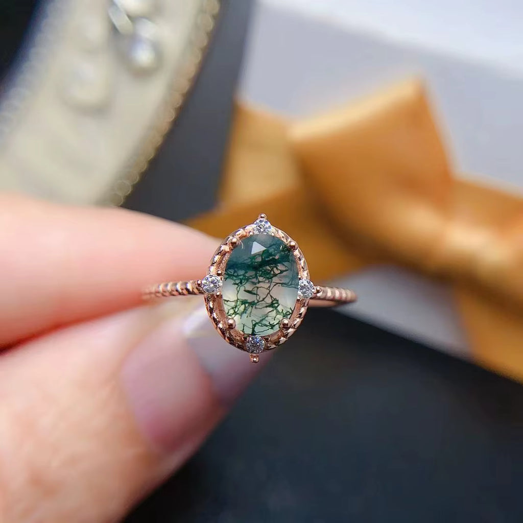 Oval Cut Moss Agate Gemstone Ring 8x10mm 925 Sterling Silver