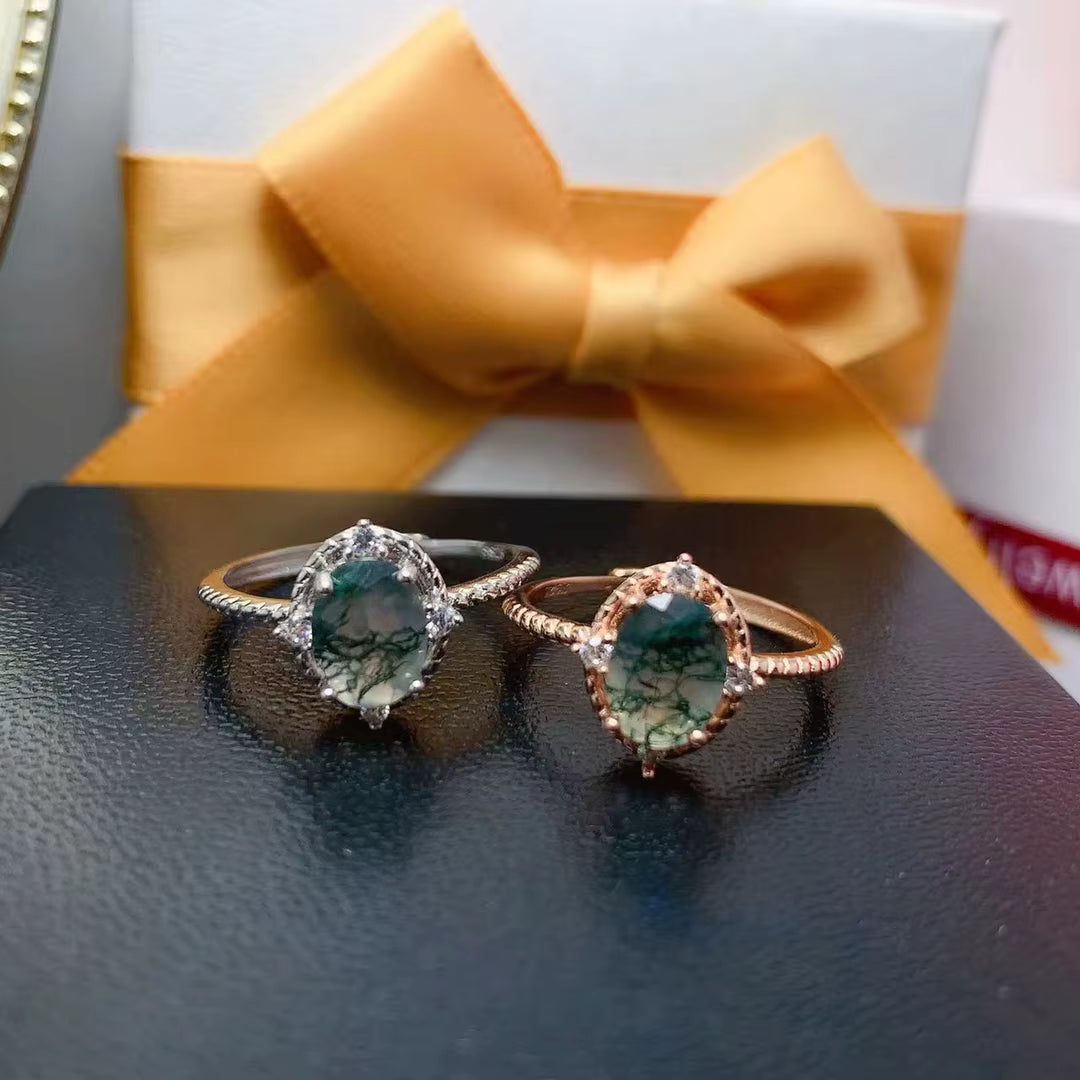 Oval Cut Moss Agate Gemstone Ring 8x10mm 925 Sterling Silver