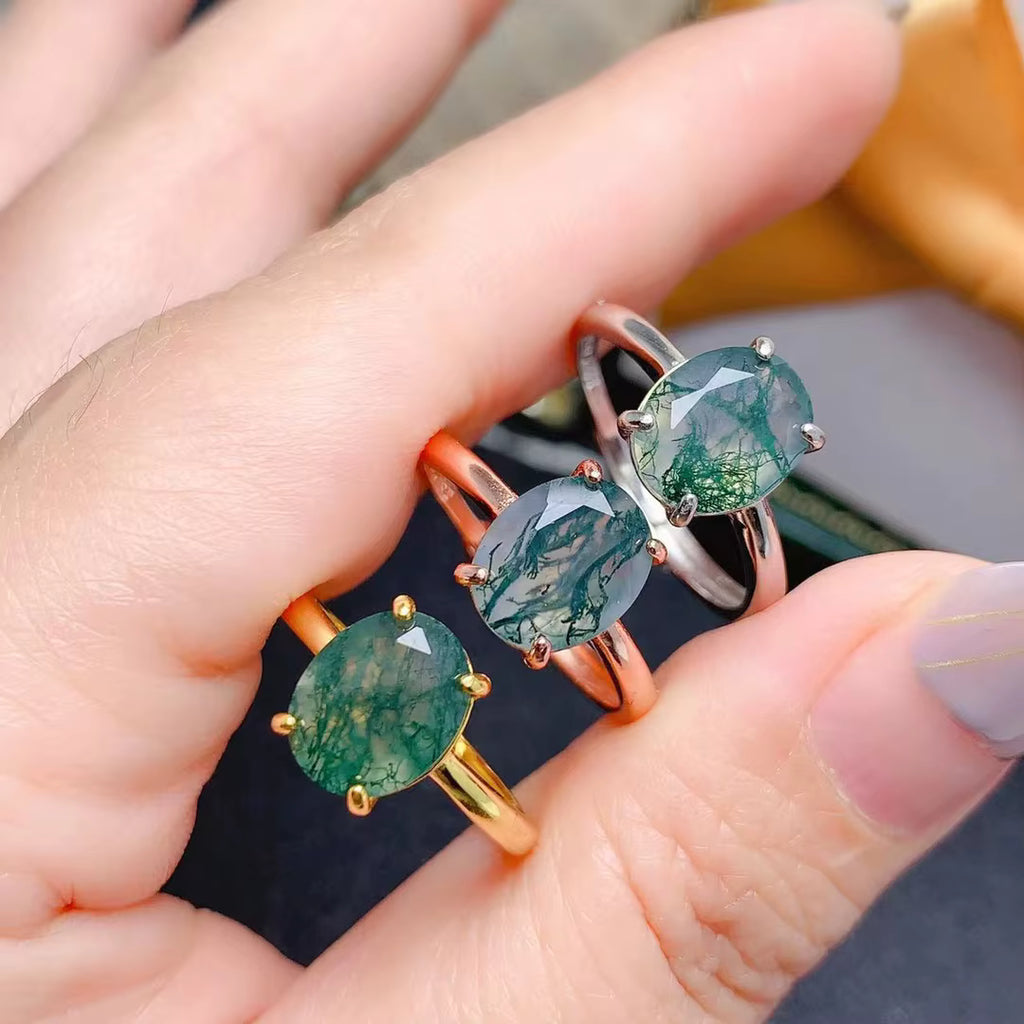 Natural Moss Agate Ring 8x10mm Oval Cut 925 Sterling Silver