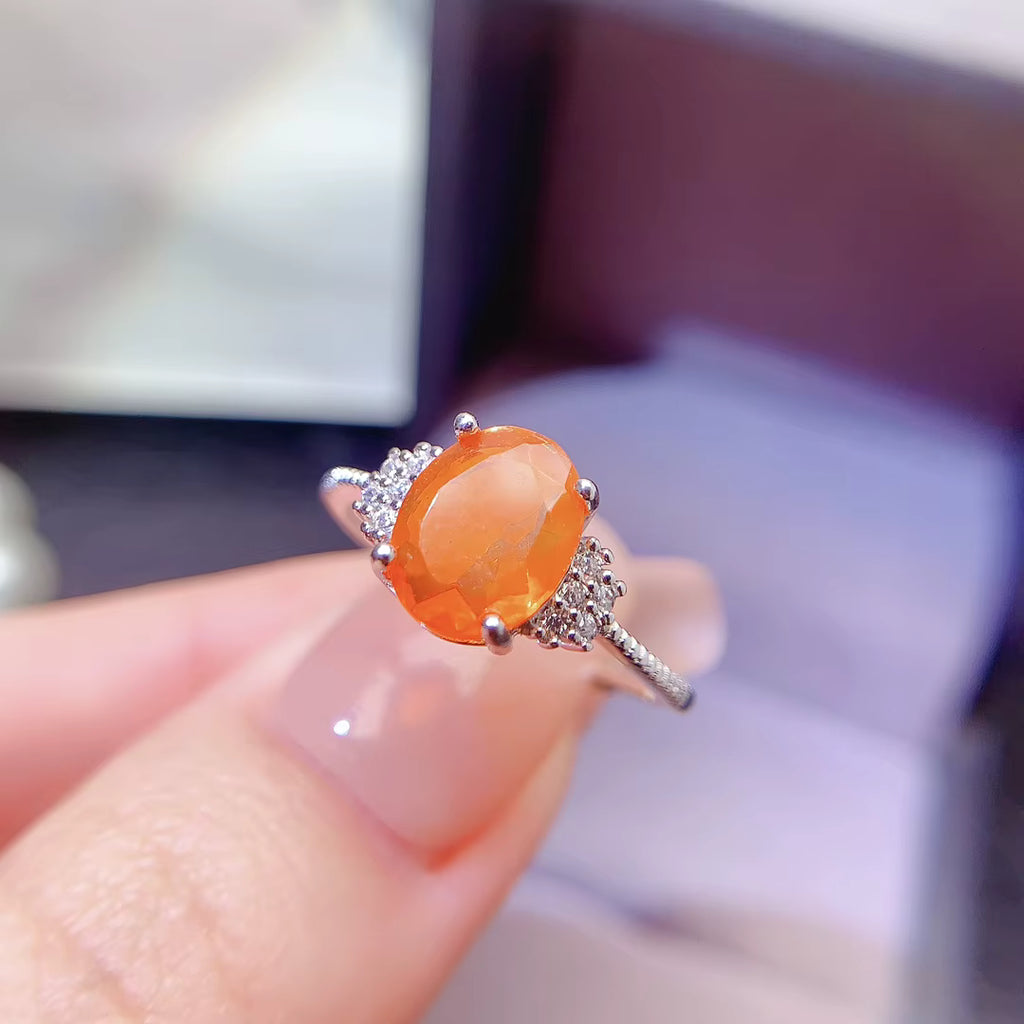 Natural Orange Fire Opal Band Ring 925 Sterling Silver 6x8mm