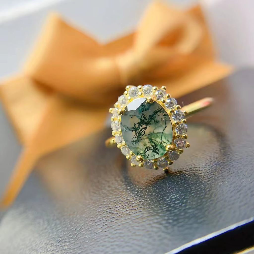 Moss Agate Cluster Ring 8x10mm 925 Sterling Silver