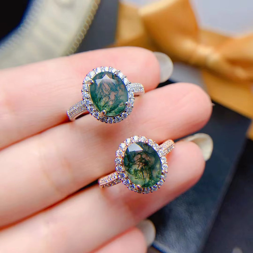 Natural Moss Agate Gemstone Ring 925 Sterling Silver 8x10mm