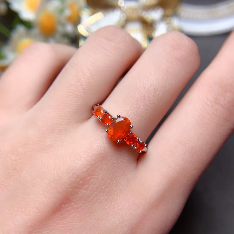 Natural Orange Fire Opal Band Ring 925 Sterling Silver 5x7mm