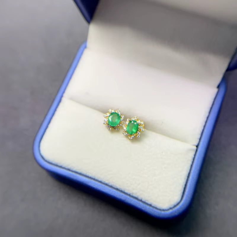 Natural 4x5mm Colombian Emerald Stud Earrings 925 Sterling Silver