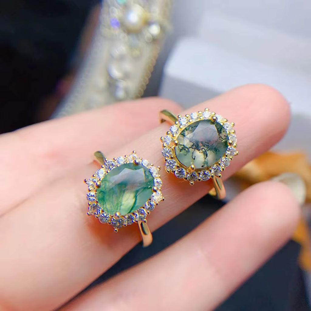 Moss Agate Cluster Ring 8x10mm 925 Sterling Silver