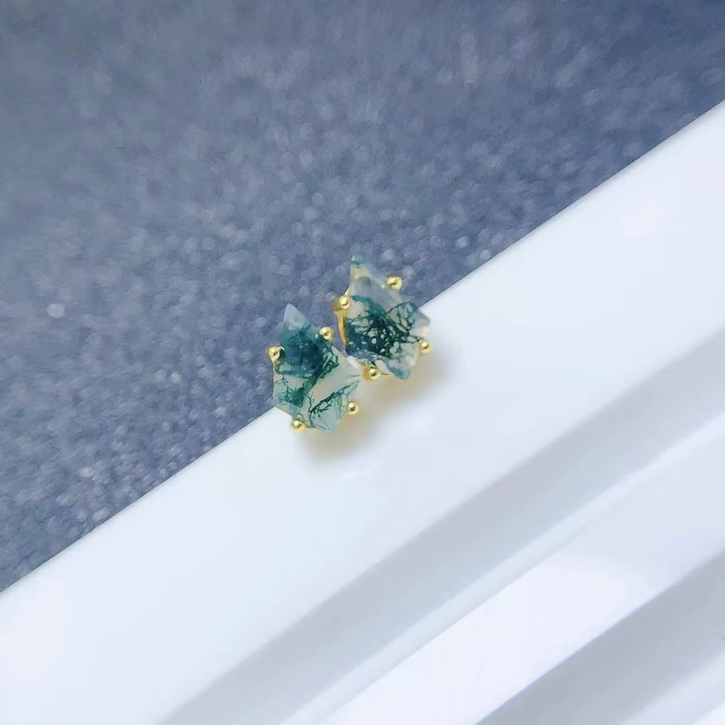 Kite Shaped Moss Agate Gemstone Earrings, Moss Agate Stud Earrings