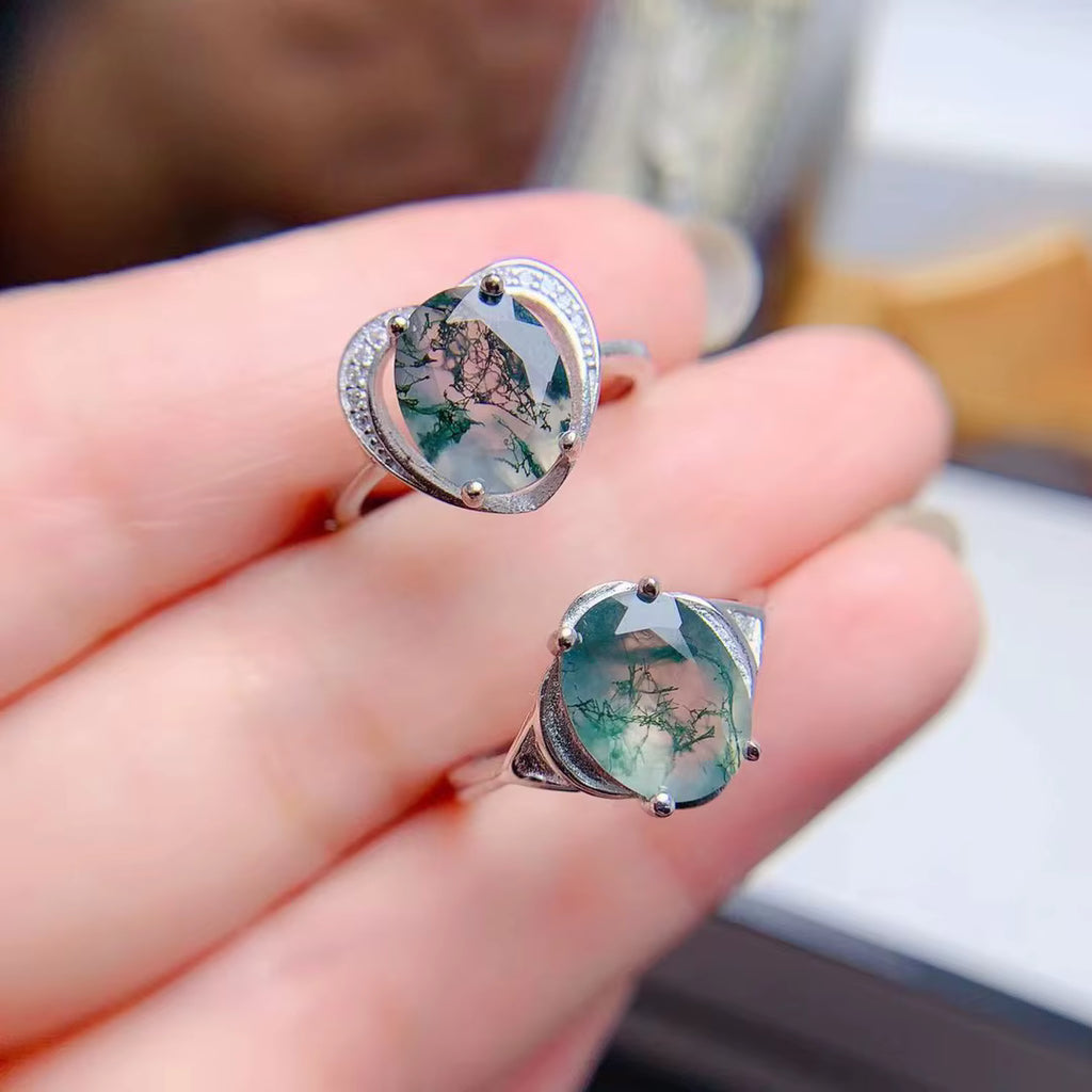 Moss Agate Gemstone Ring 8x10mm 925 Sterling Silver Platinum Plated