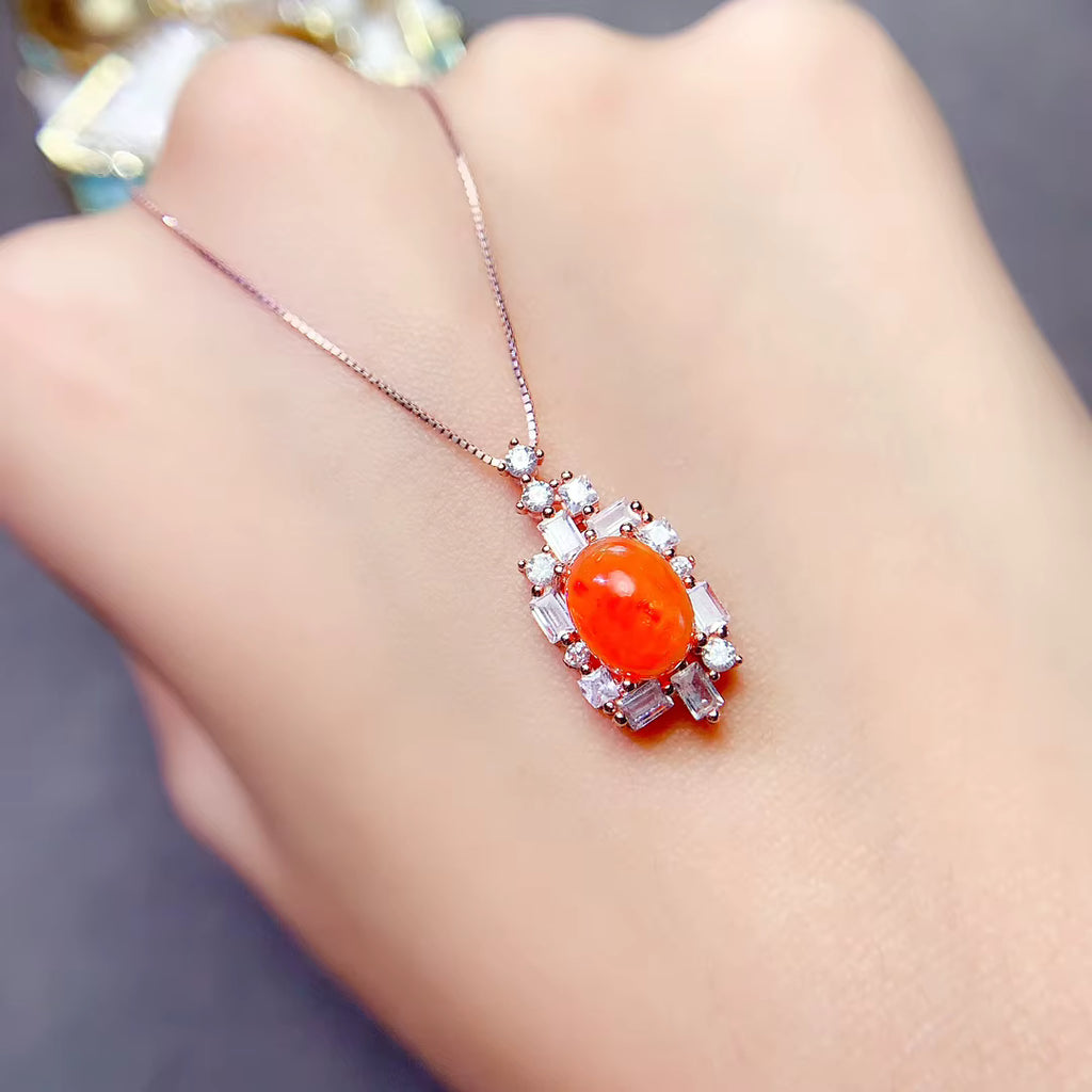 Colorful Orange Fire Opal Necklace, Natural Fire Opal Pendant Necklace 7x9mm