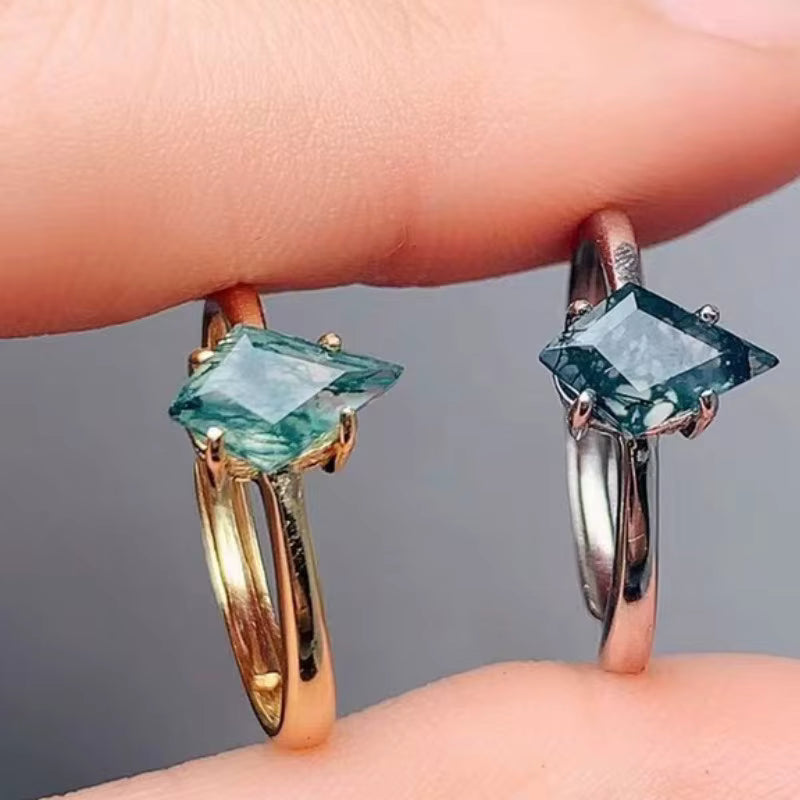 Kite Shape Moss Agate Gemstone Ring 6x9mm