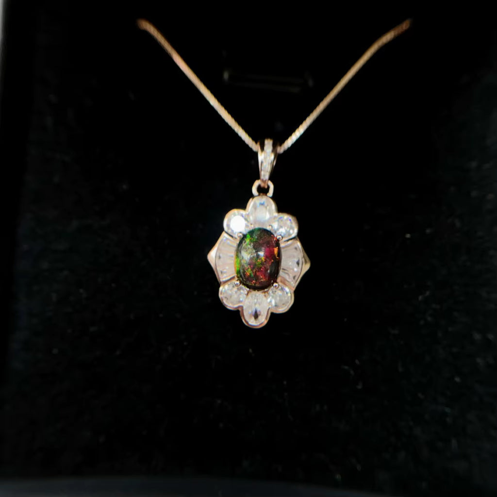 Colorful Black Opal Necklace, Natural Fire Opal Pendant Necklace
