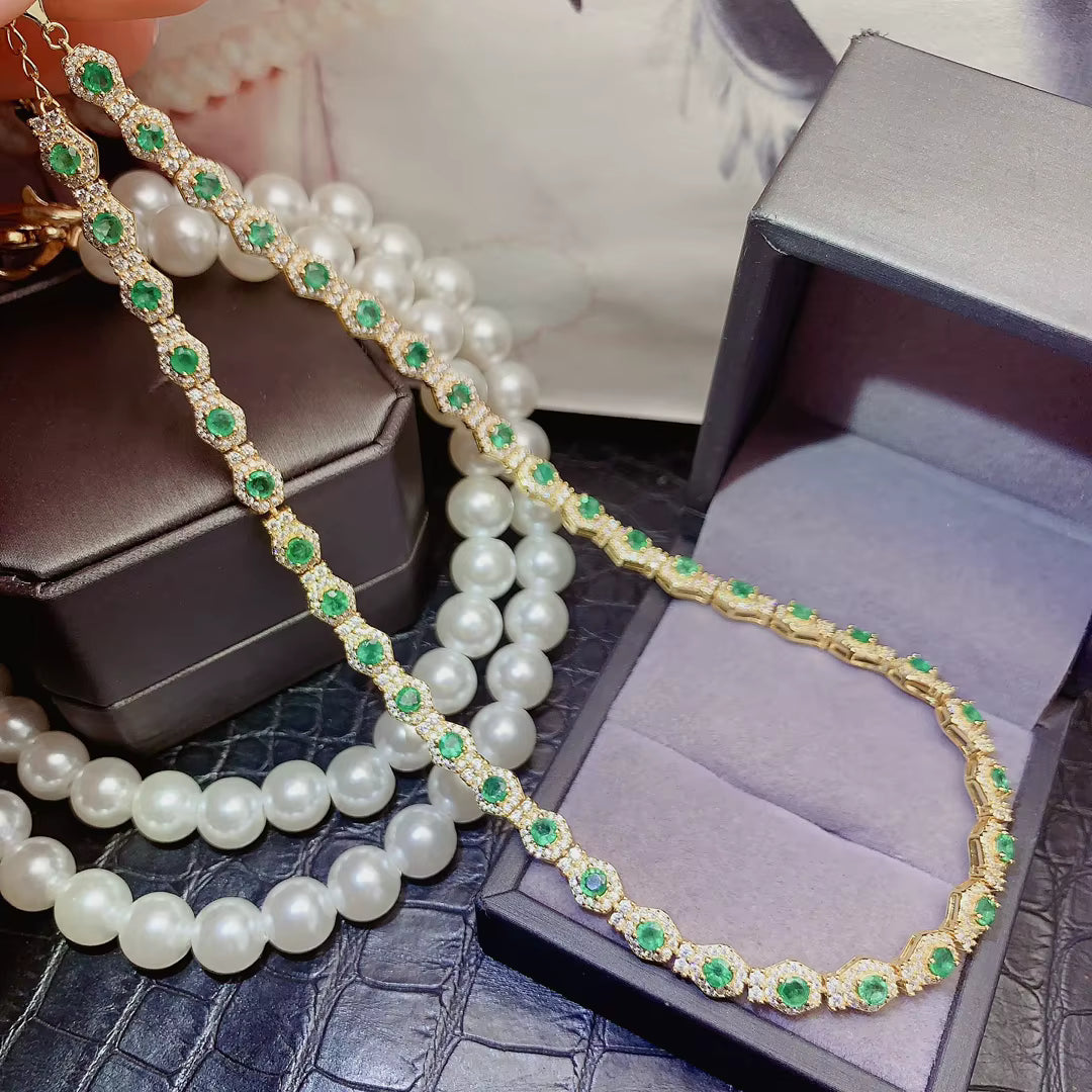 Natural Emerald Tennis Chain Necklace 4mm Gold Plated 925 Sterling Silver