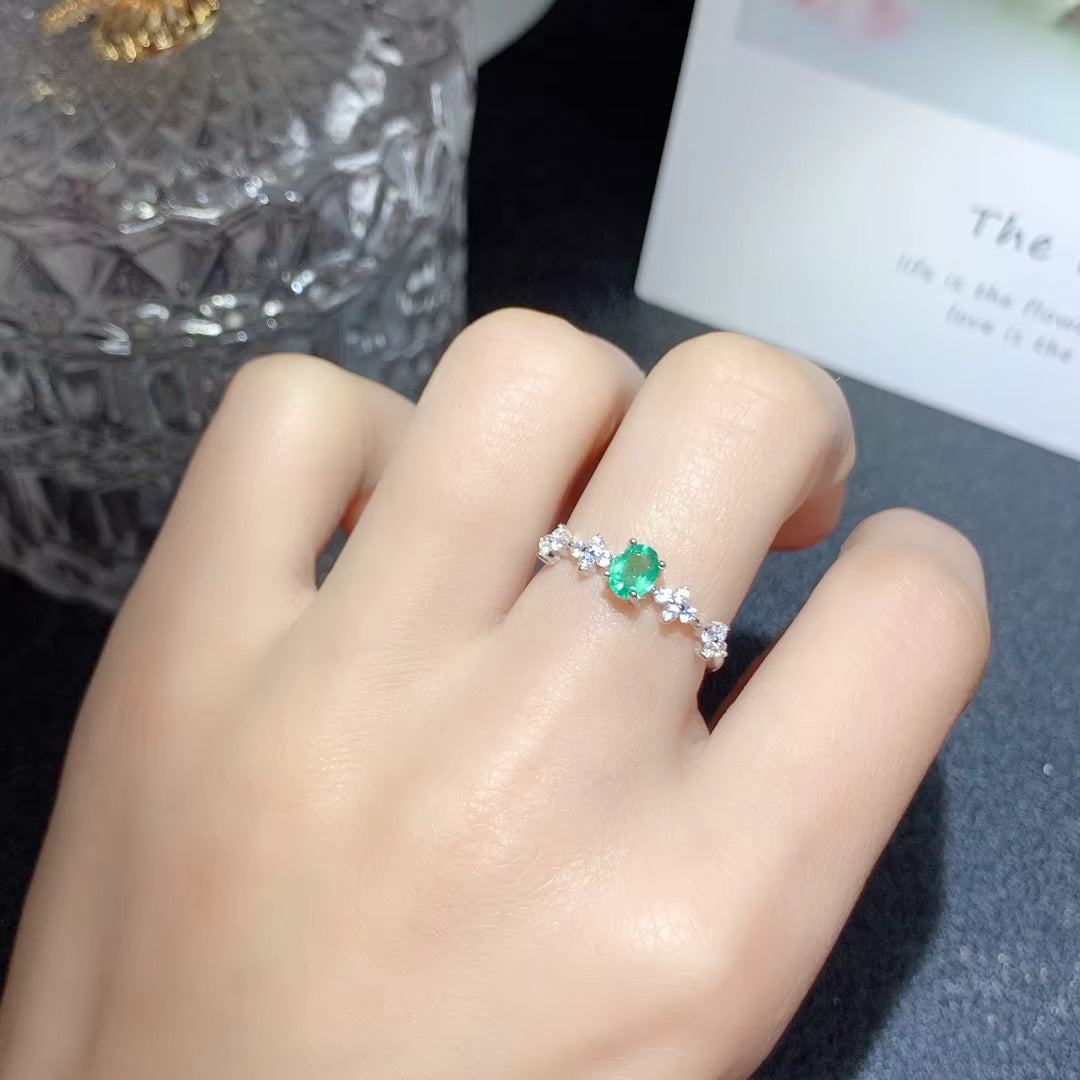 Dainty Emerald Floral Band Ring, Emerald Engagement Ring 4x5mm
