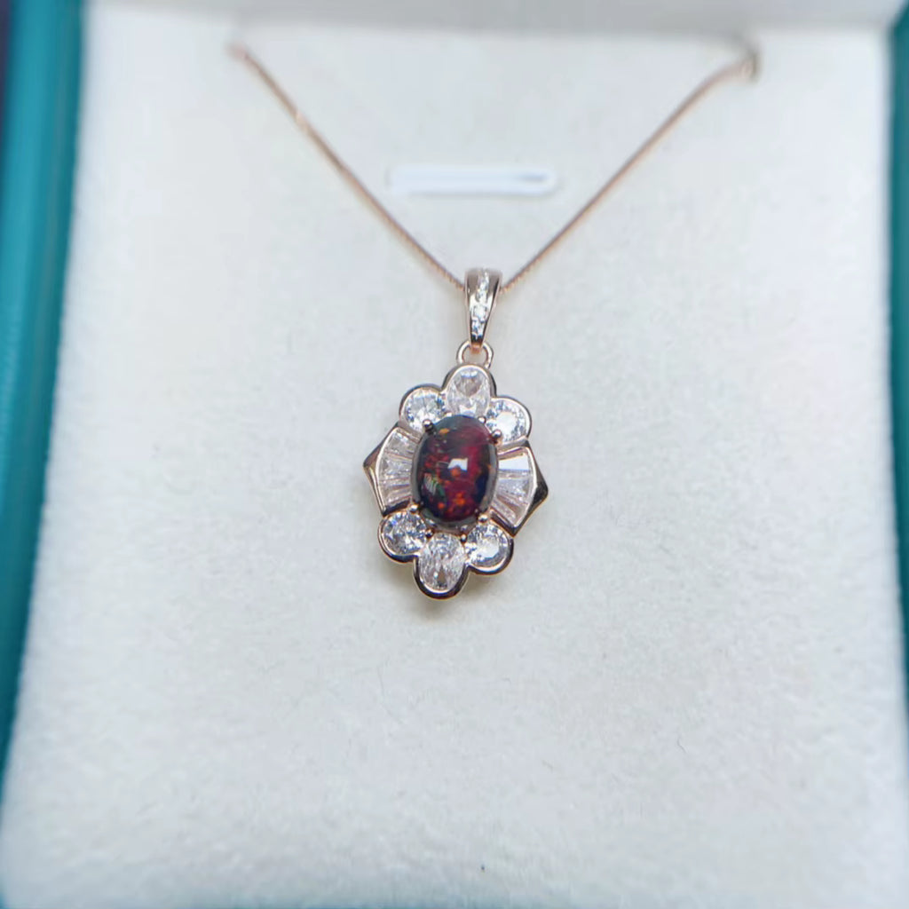 Colorful Black Opal Necklace, Natural Fire Opal Pendant Necklace