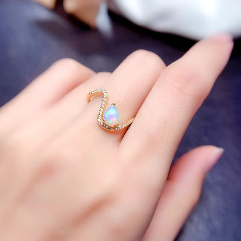 Australian Opal Statement Ring, Natural White Opal Ring Platinum Plated 5x7mm