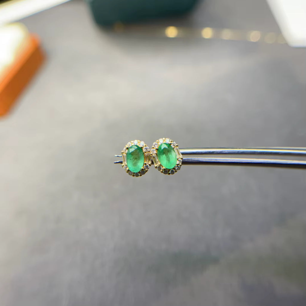 Natural Colombian Emerald Stud Earrings 4x6mm Platinum Plated