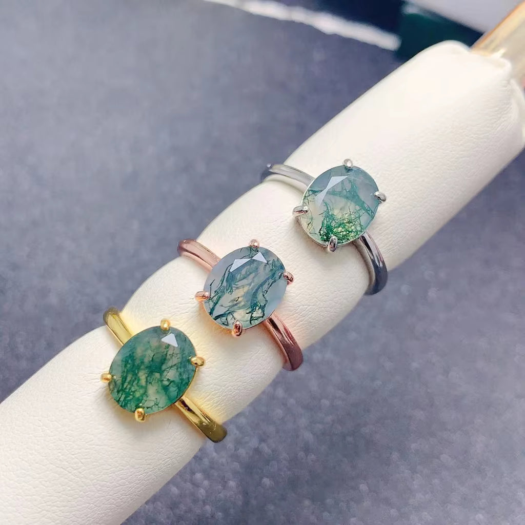Natural Moss Agate Ring 8x10mm Oval Cut 925 Sterling Silver