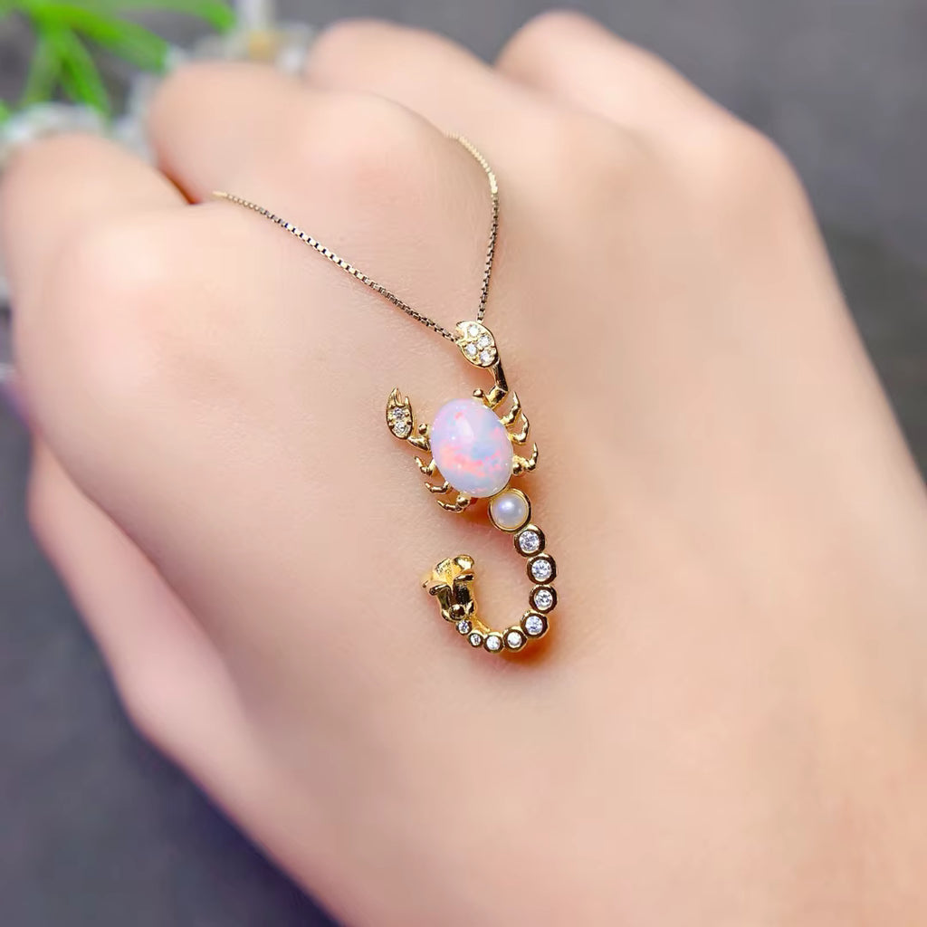 Natural White Fire Opal Scorpion Necklace 925 Sterling Silver