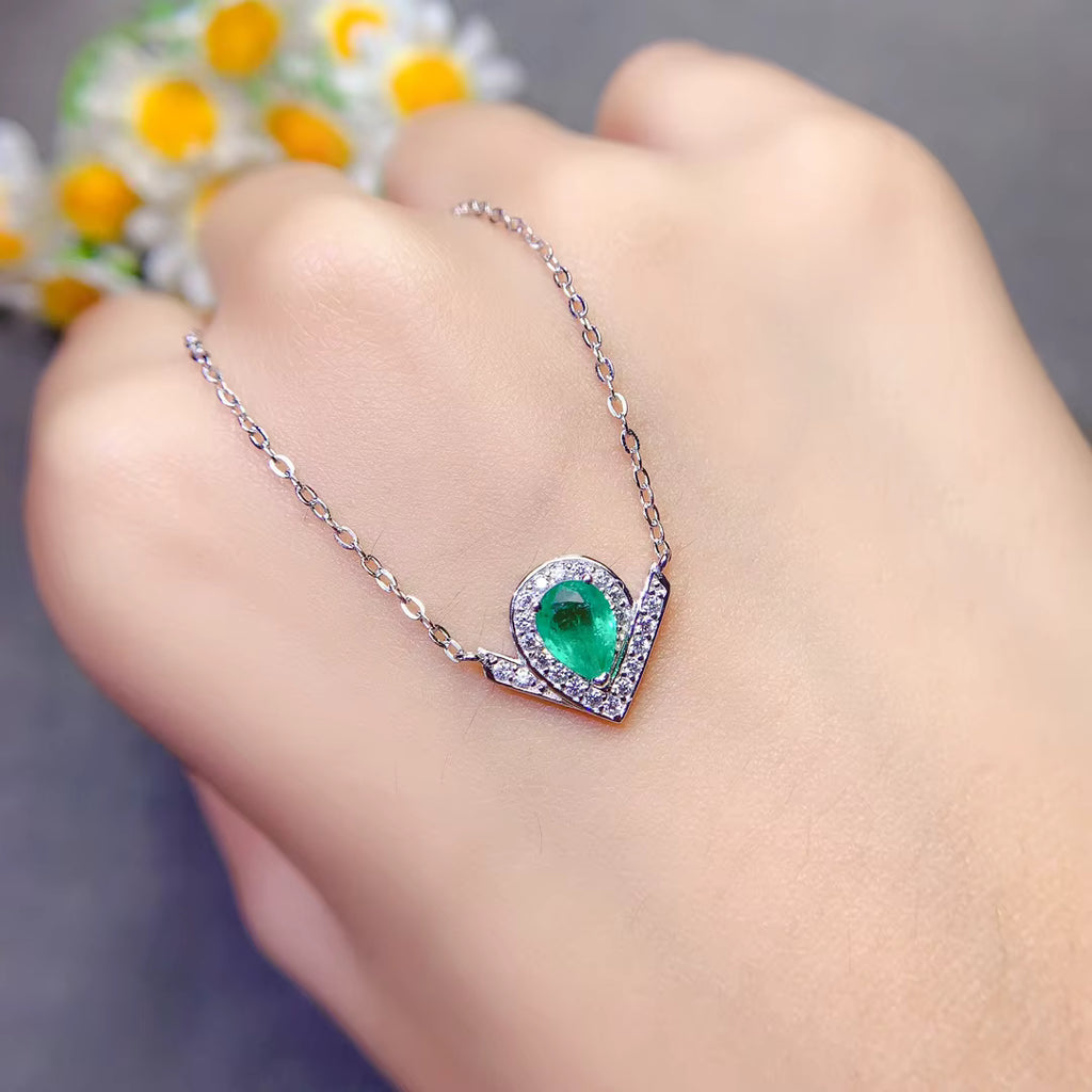 Natural Emerald Teardrop Pendant Necklace 5x7mm