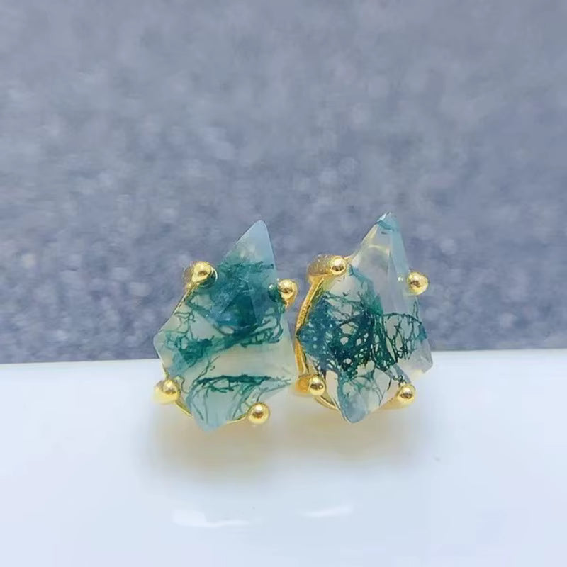 Kite Shaped Moss Agate Gemstone Earrings, Moss Agate Stud Earrings