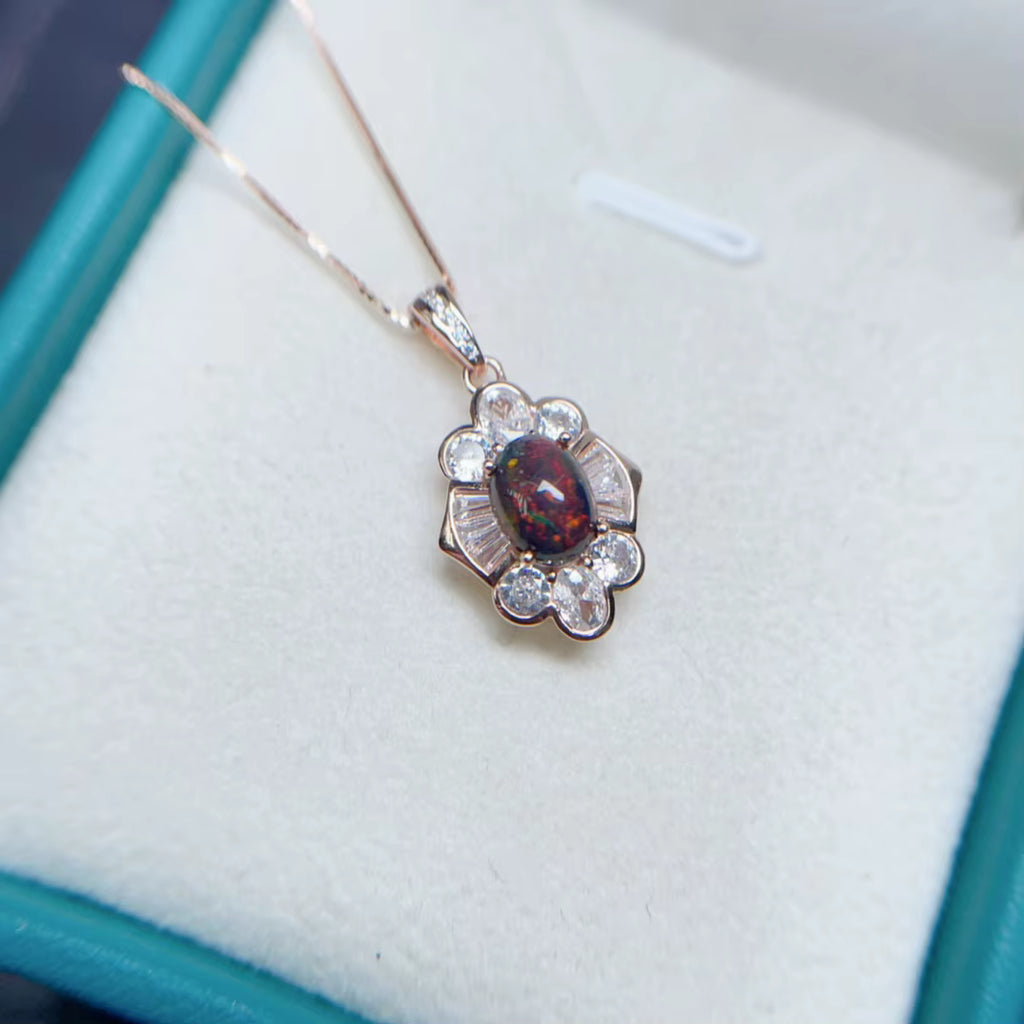 Colorful Black Opal Necklace, Natural Fire Opal Pendant Necklace