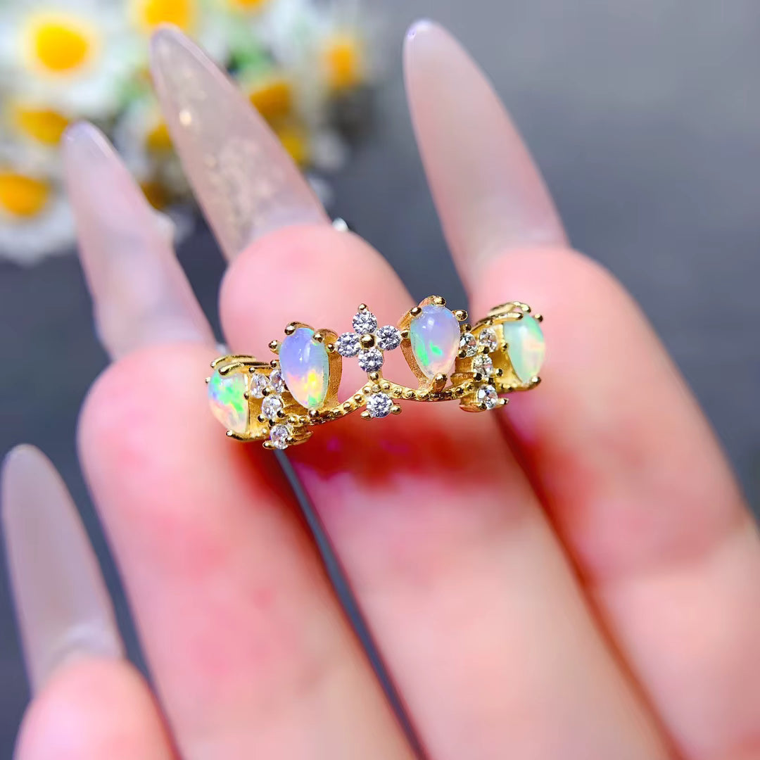 Australian Opal Statement Ring, Natural White Opal Ring Platinum Plated 3x5mm