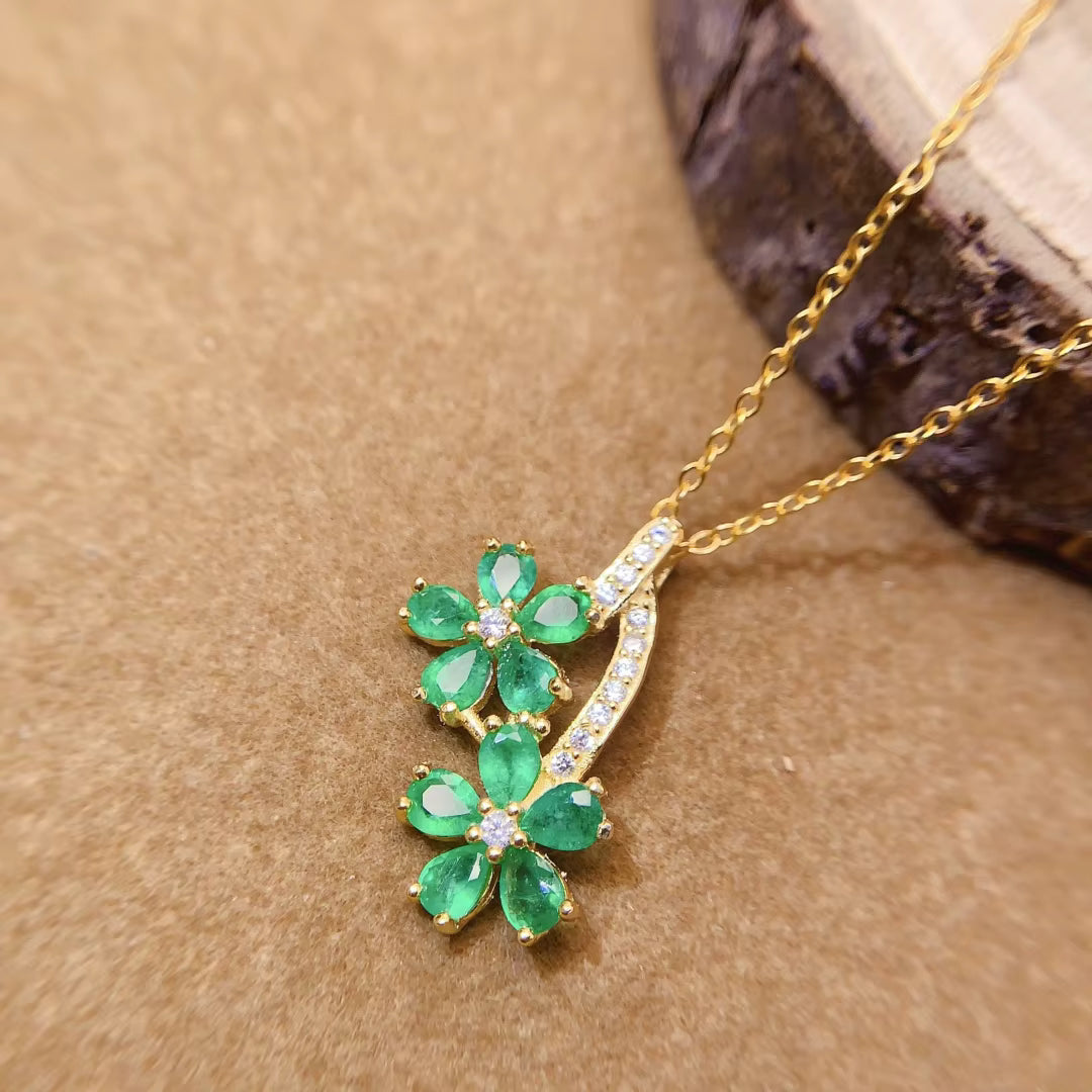 Natural Emerald Flower Pendant Necklace, Natural Emerald Gemstone Necklace