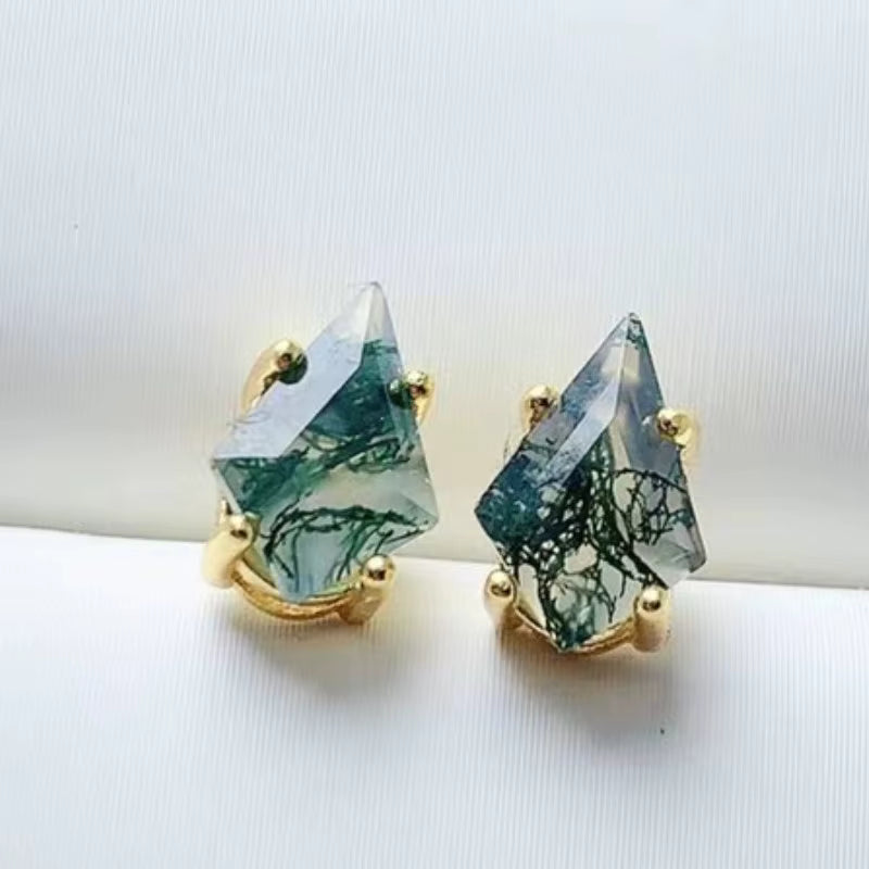Kite Shaped Moss Agate Gemstone Earrings, Moss Agate Stud Earrings
