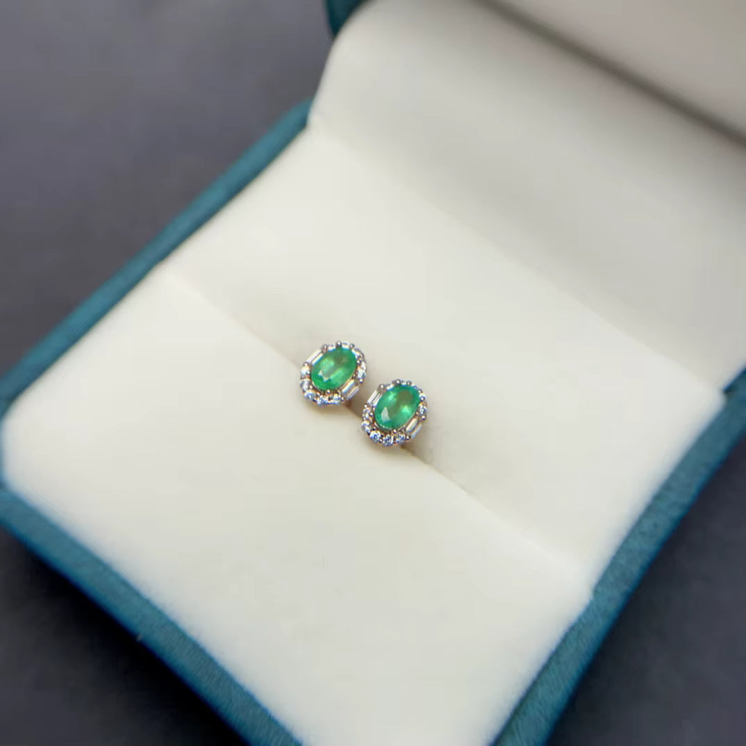 Natural Colombian Emerald Stud Earrings 4x6mm Platinum Plated