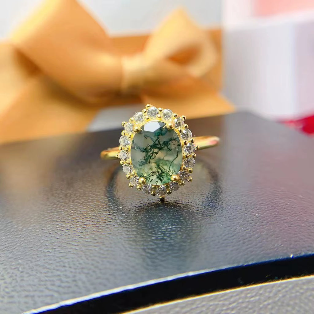 Moss Agate Cluster Ring 8x10mm 925 Sterling Silver