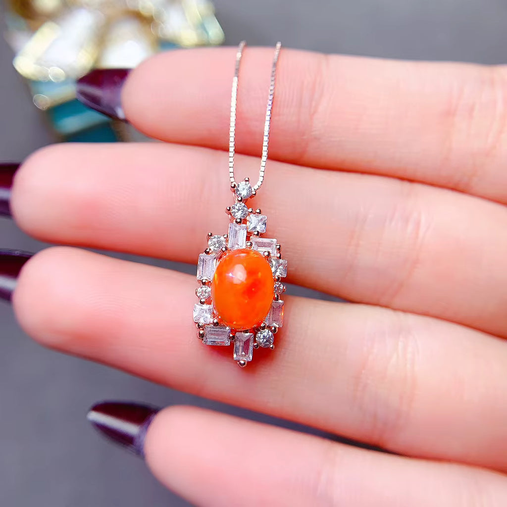 Colorful Orange Fire Opal Necklace, Natural Fire Opal Pendant Necklace 7x9mm