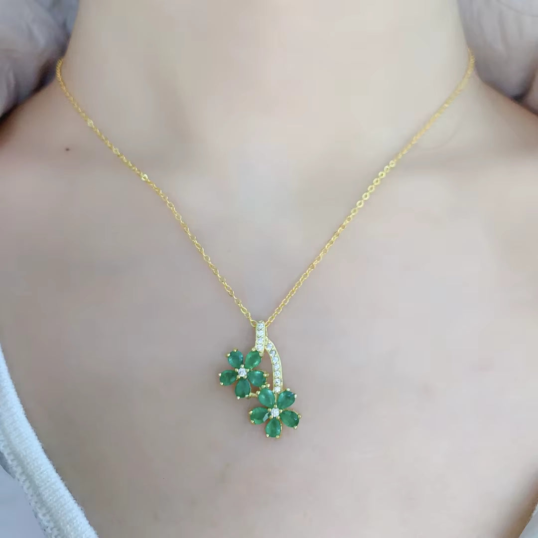 Natural Emerald Flower Pendant Necklace, Natural Emerald Gemstone Necklace