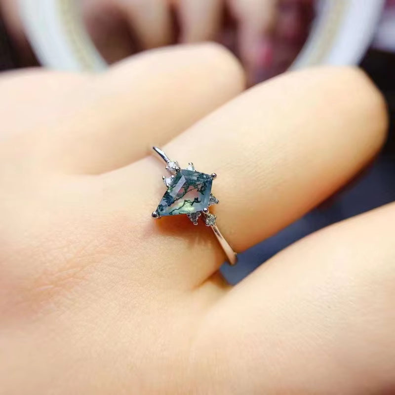Kite Shape Moss Agate Gemstone Ring 6x8mm 925 Sterling Silver