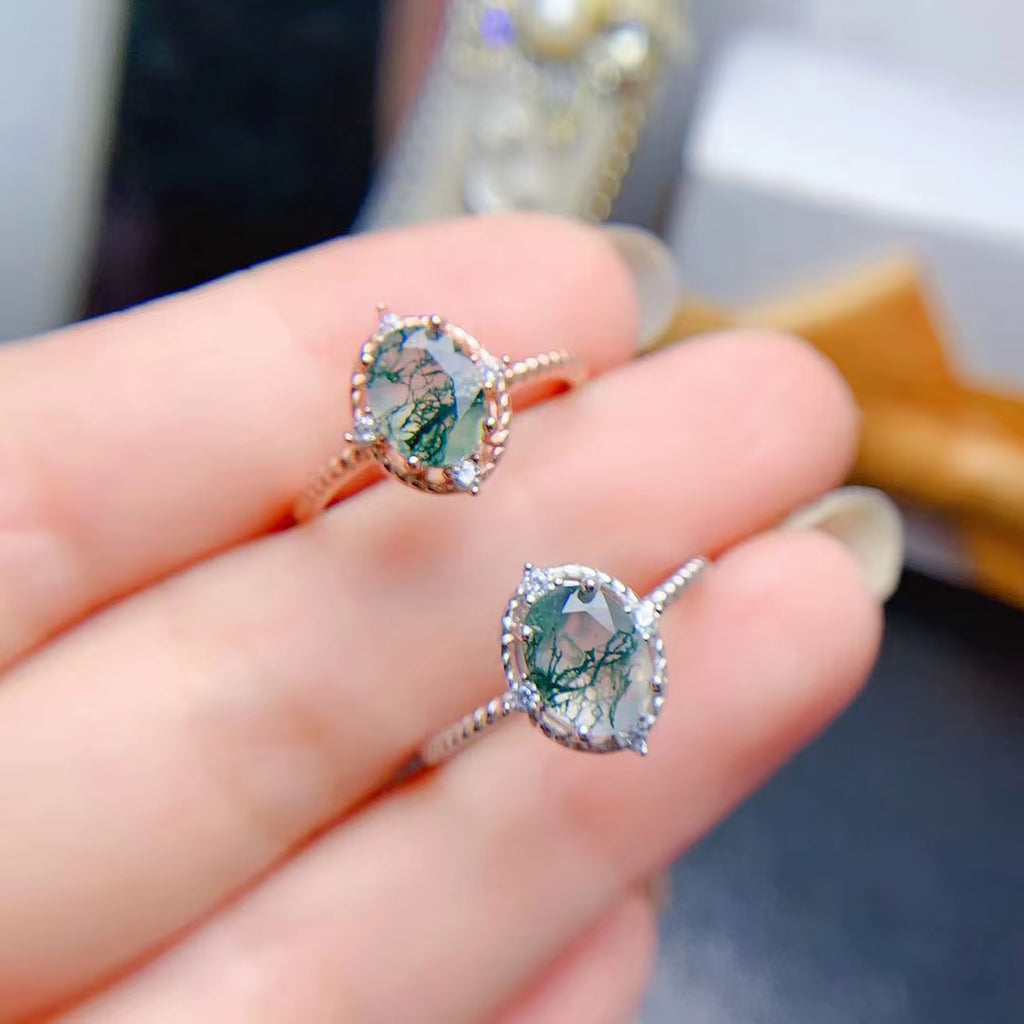 Oval Cut Moss Agate Gemstone Ring 8x10mm 925 Sterling Silver