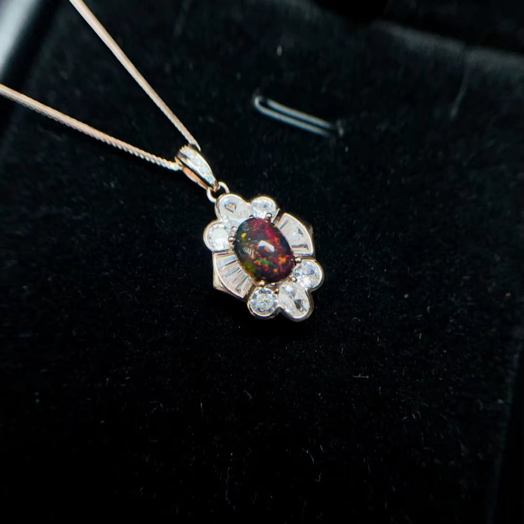 Colorful Black Opal Necklace, Natural Fire Opal Pendant Necklace