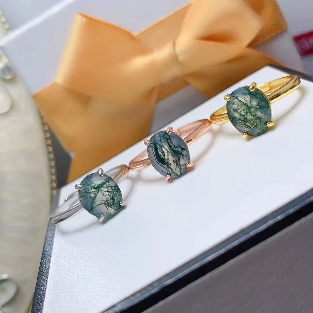 Natural Moss Agate Ring 8x10mm Oval Cut 925 Sterling Silver