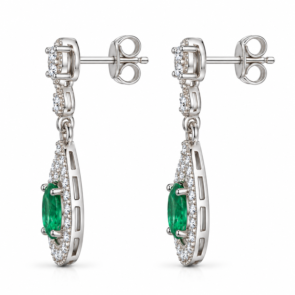 Natural Emerald 4x5mm Oval Teardrop Halo Dangle Earrings in 925 Sterling Silver with CZ