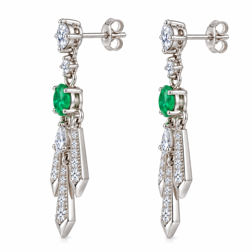Natural Emerald 4x6mm Oval Chandelier Dangle Earrings in 925 Sterling Silver with CZ