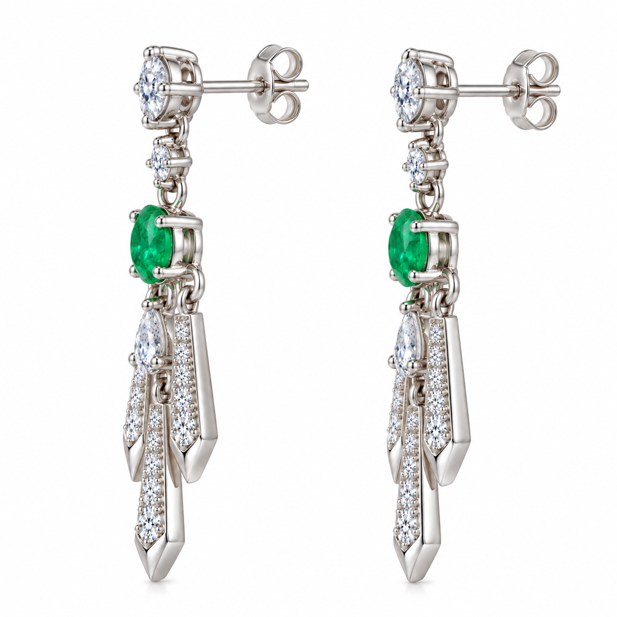 Natural Emerald 4x6mm Oval Chandelier Dangle Earrings in 925 Sterling Silver with CZ