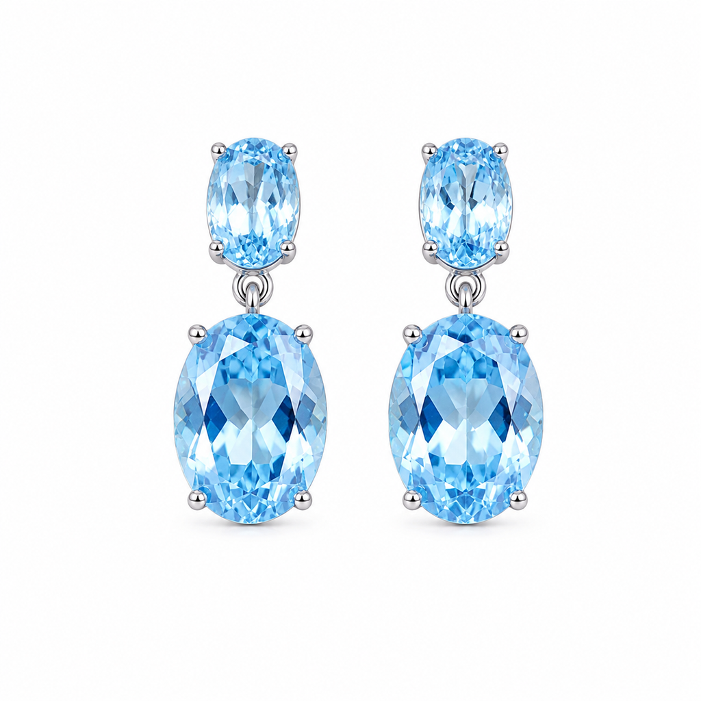 Natural Sky Blue Topaz drop earrings with 4x6mm and 8x10mm oval gemstones