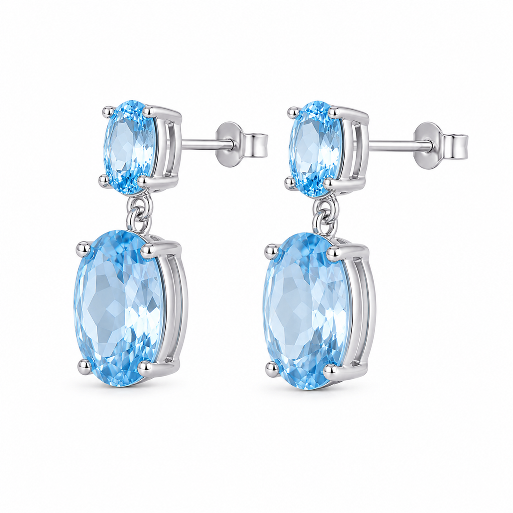 Side view of Sky Blue Topaz drop earrings showing the gemstone settings