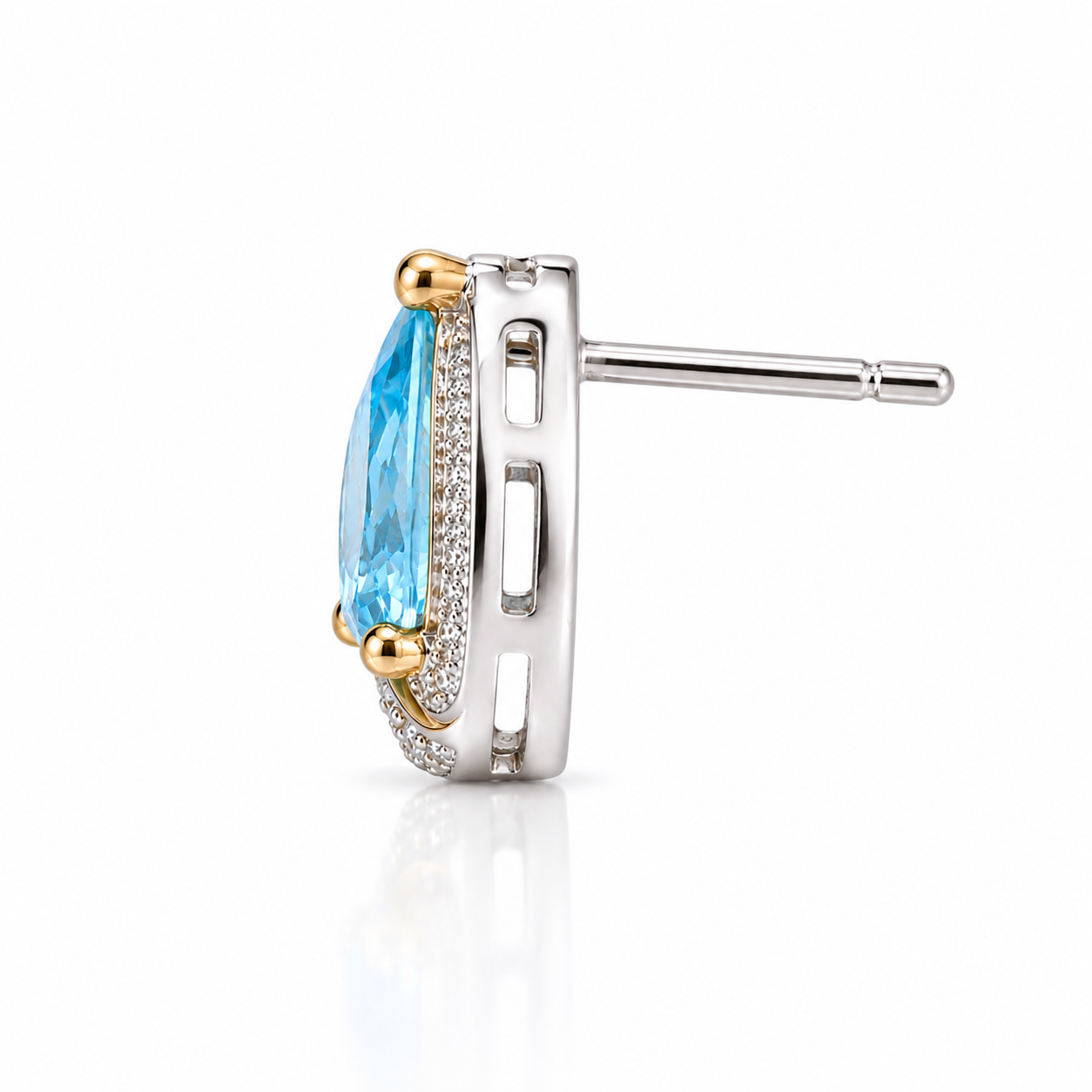Side view of 4x6mm pear cut Sky Blue Topaz earrings in sterling silver