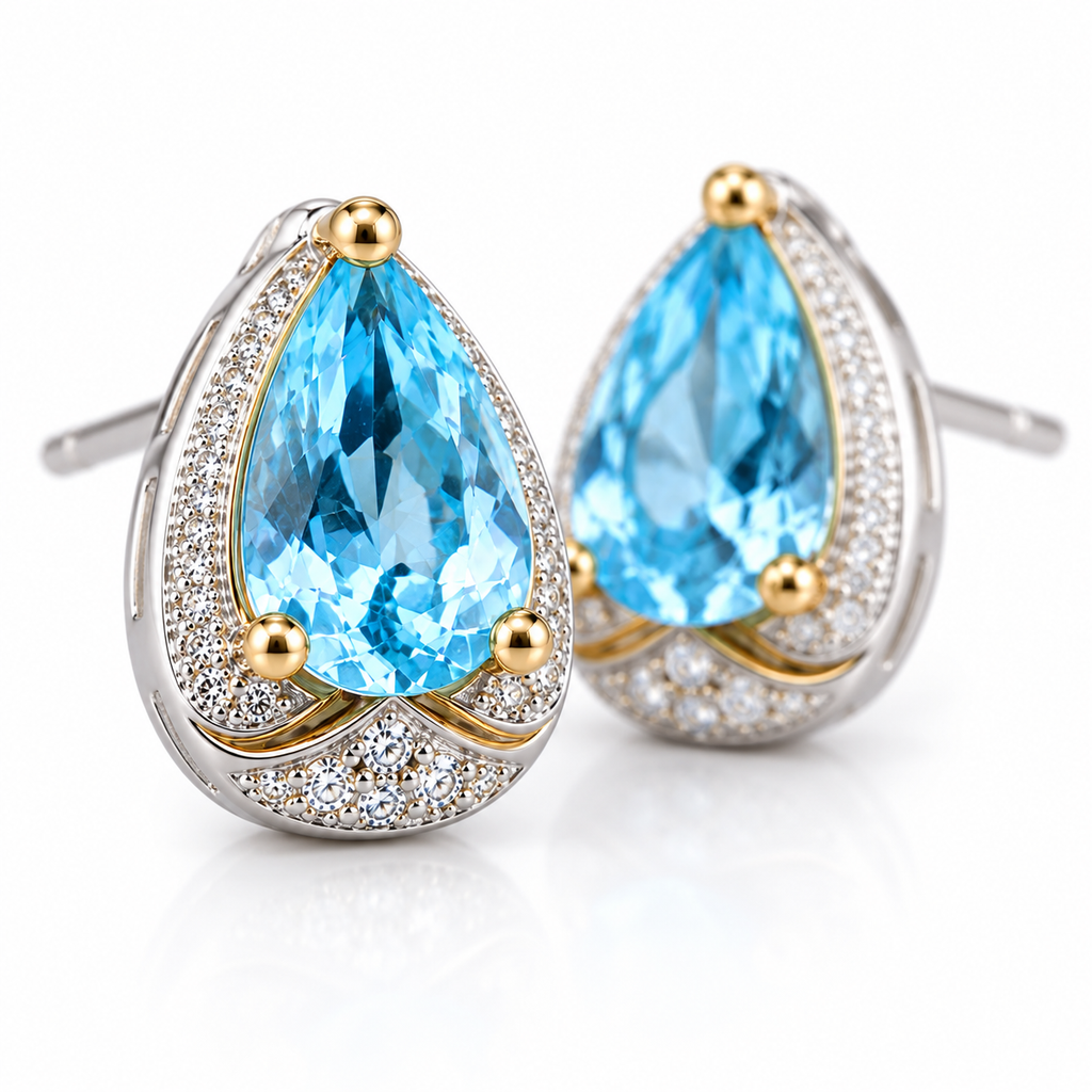 Close-up of faceted 4x6mm Sky Blue Topaz pear gemstones in stud earrings