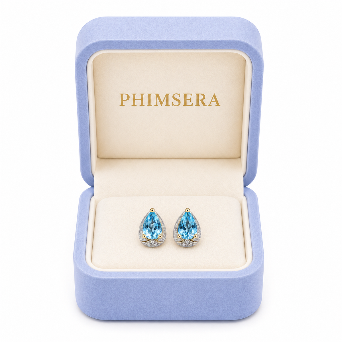 Sky Blue Topaz pear cut earrings displayed in a Phimsera jewelry box