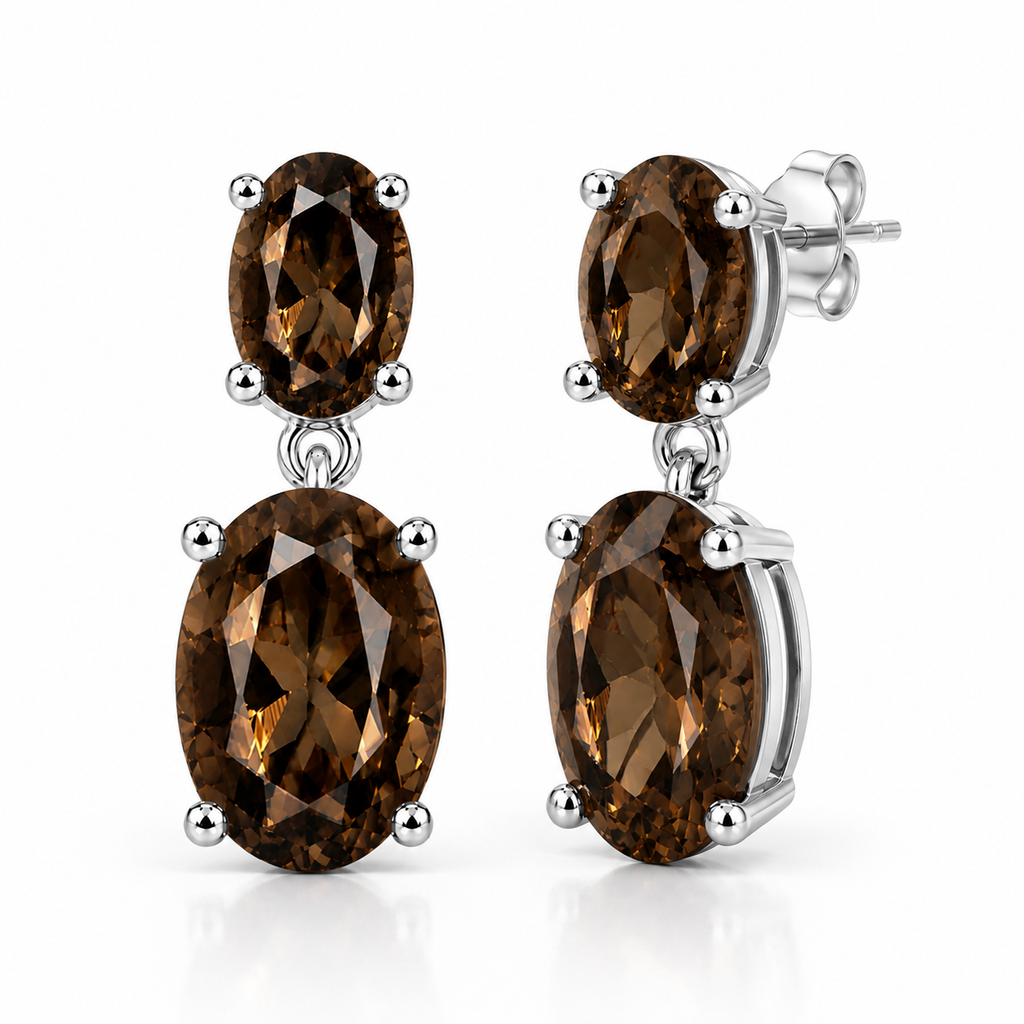 Smoky quartz dangle earrings shown at an angled view with oval faceted gemstones