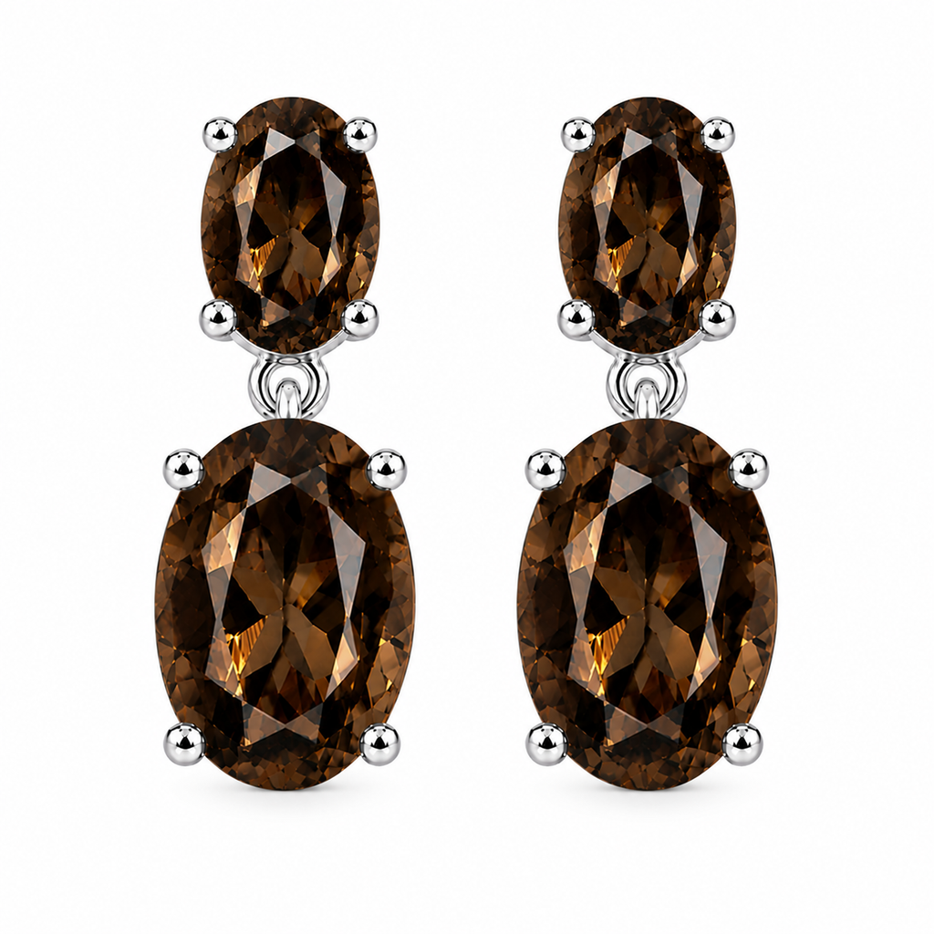 Natural smoky quartz earrings showing the faceted oval gemstone design