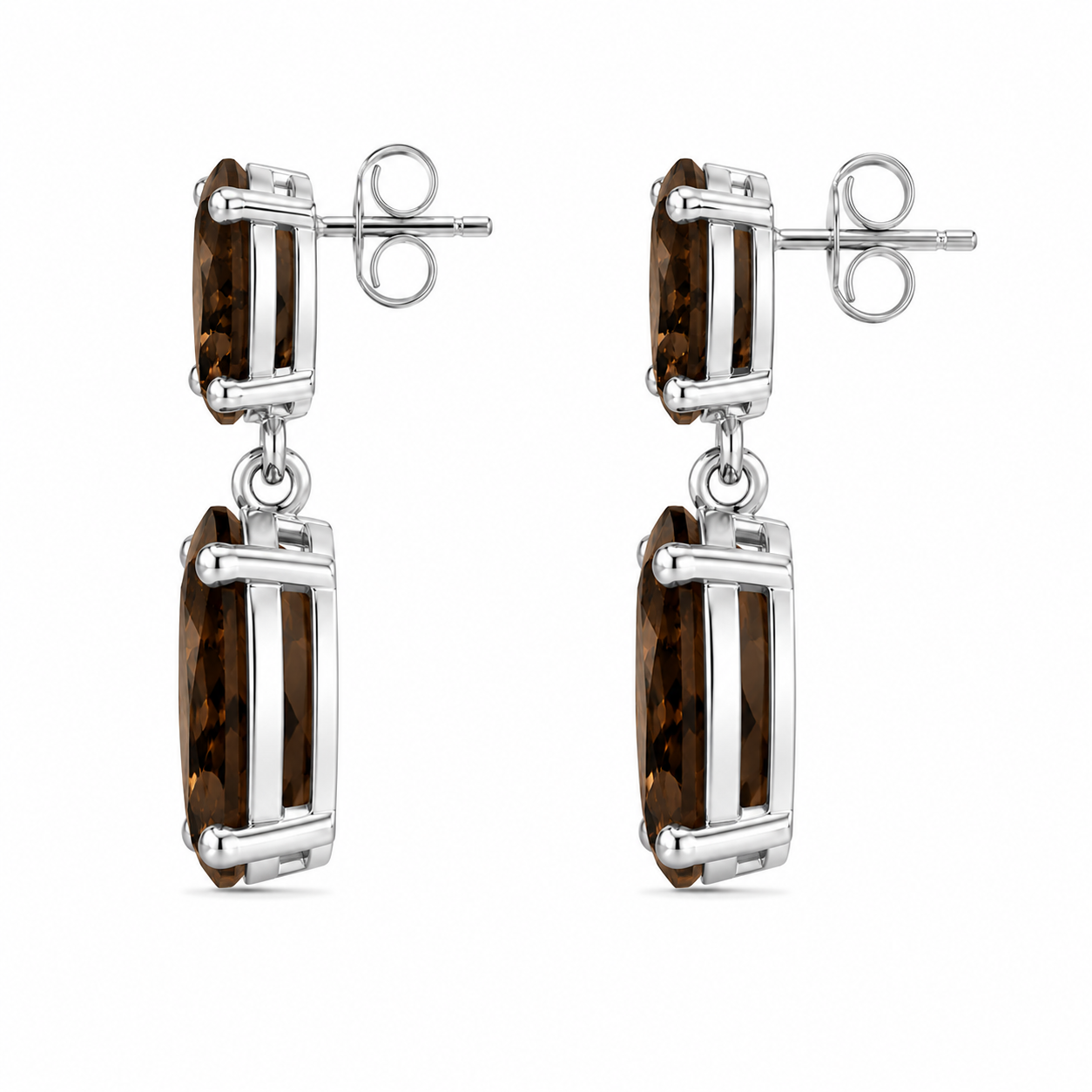 Side view of natural smoky quartz two-stone dangle earrings in sterling silver